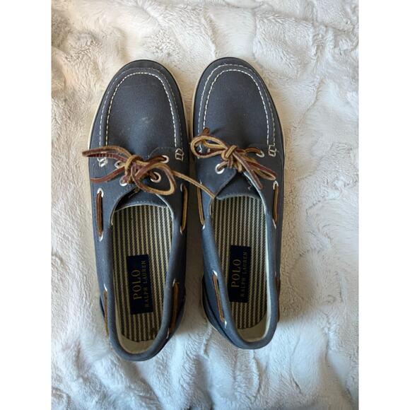 Ralph Lauren Polo Canvas SANDER Blue Slip On Boat Shoes Mens 9.5 Leather Laces - Picture 10 of 10